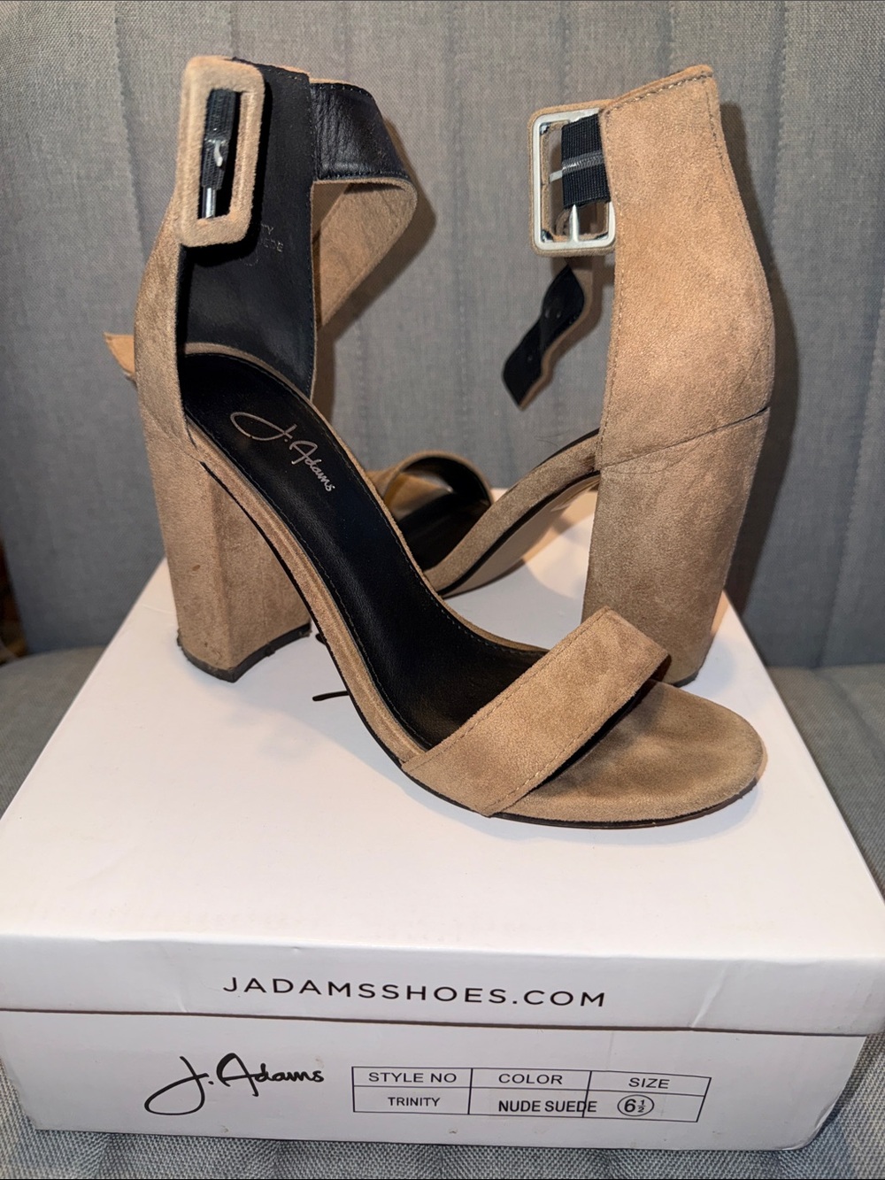 Adams Nude Suede Block Heel Sandals with Ankle Buckle